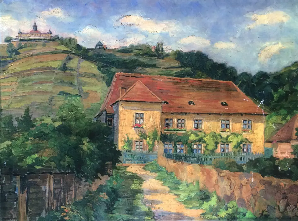 Ölgemälde: das Retzschgut mit rotem Dach am Weinberg, links oben das Spitzhaus, vorn ein Feldweg