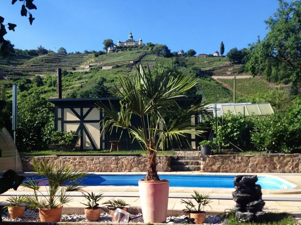 Pool auf Nachfrage: Mit Blick auf die Weinbergterrassen und das Spitzhaus.