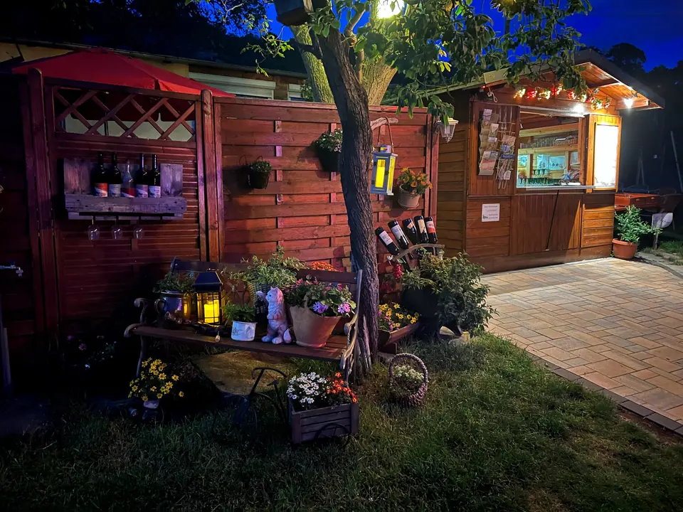 Our decorated corner, by the sales hut, in the evening